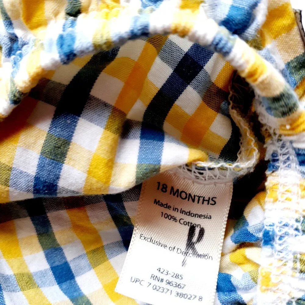 Oshkosh Boys Shirt Button Down Bodysuit Yellow Blue Plaid Long Sleeve 18 Months